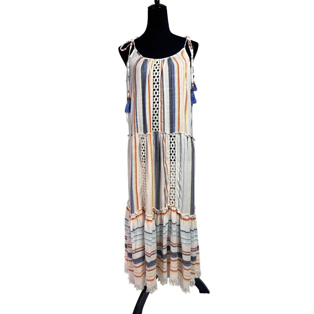 blue island Striped Maxi Dress in White, Blue, Orange